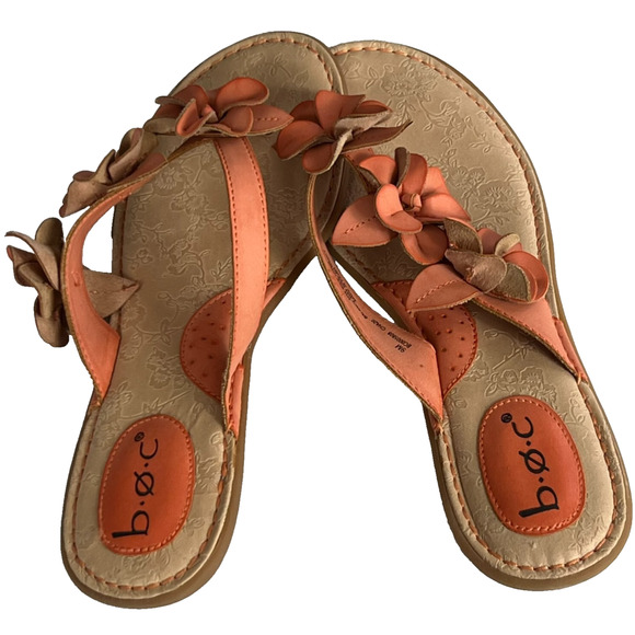 B.O.C. Born Womens Thong Sandals 8M Orange Vegan Leather Flower Flip Flop Slide - Picture 3 of 9
